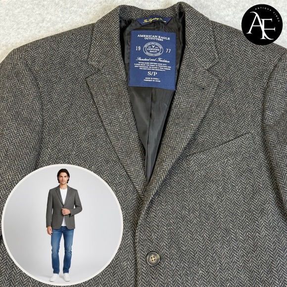 American Eagle Outfitters Mens Grey Herringbone Wool Blend Blazer Jacket Small